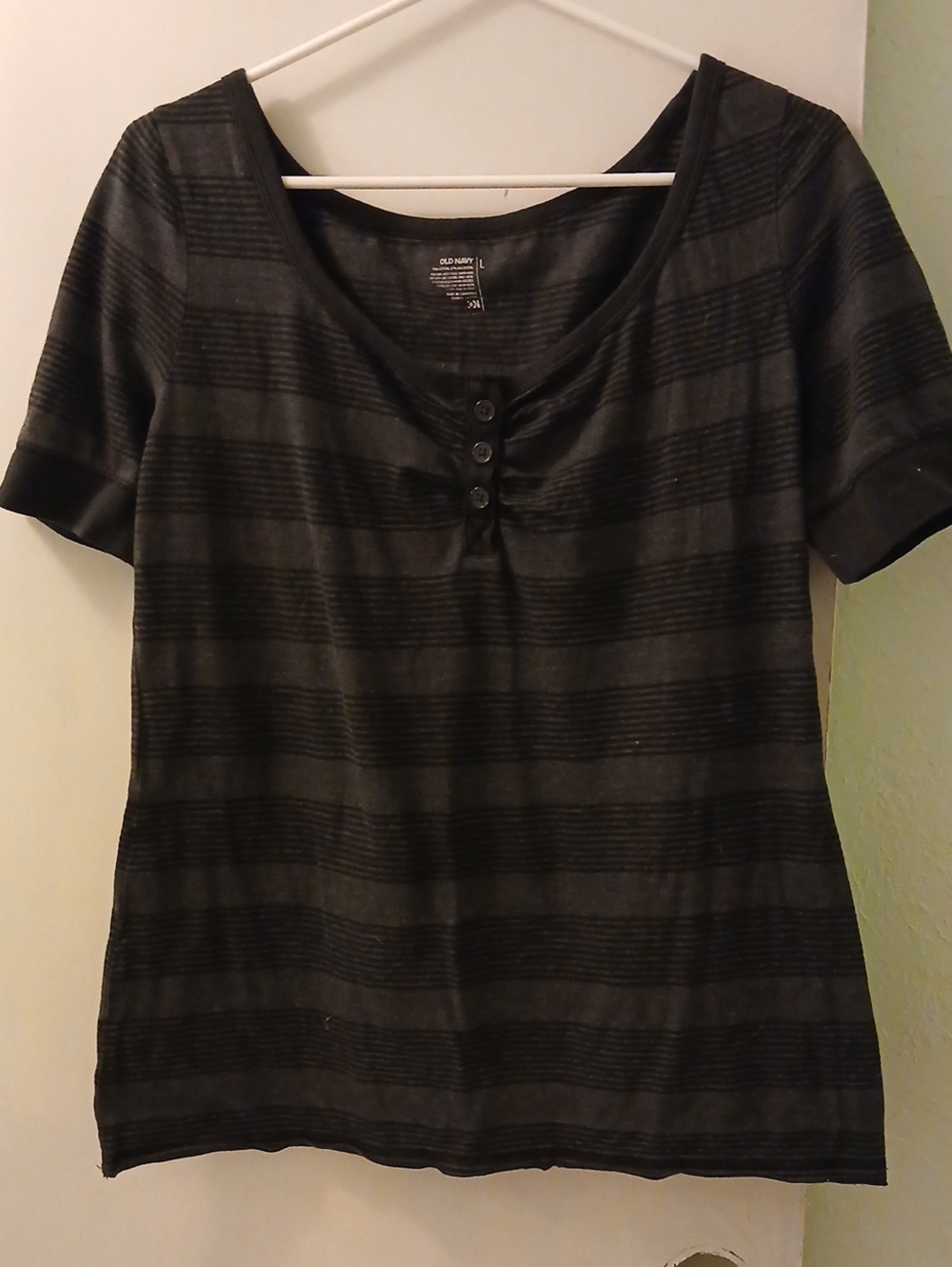 Old Navy Black and Charcoal Stripe Short Sleeve Henley Tee